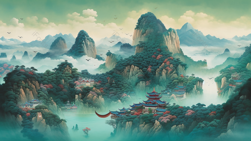 翠绿山峰建筑云雾水墨画,插画/手绘图,插画/手绘图库,插画/手绘图下载,插画/手绘